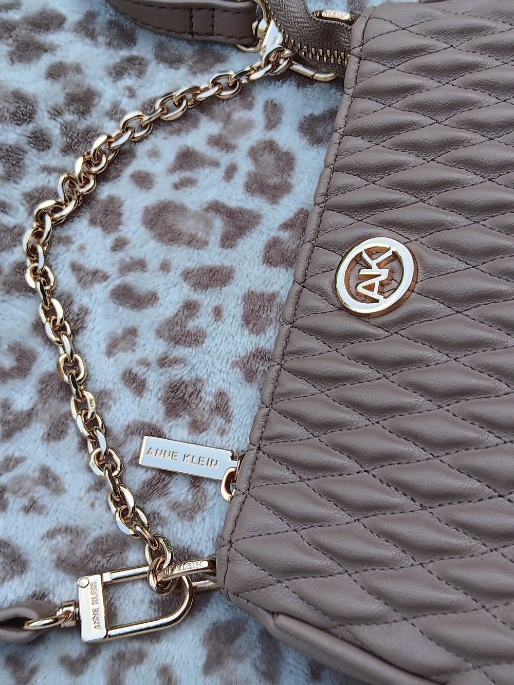 Anne Klein Taupe Quilted Crossbody Bag with Gold Chain